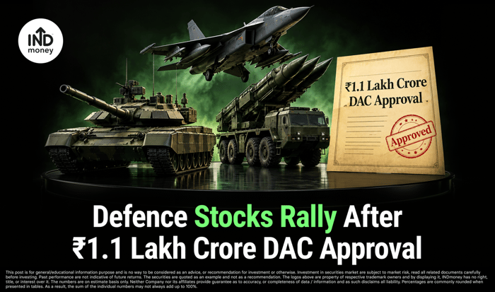 image with title "Defence Stocks Rally After ₹1.1 Lakh Crore DAC Approval" image with title "Defence Stocks Rally After ₹1.1 Lakh Crore DAC Approval"