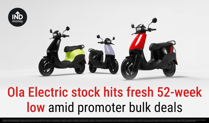 image with title "Ola Electric stock hits fresh 52-week low amid promoter bulk deals"