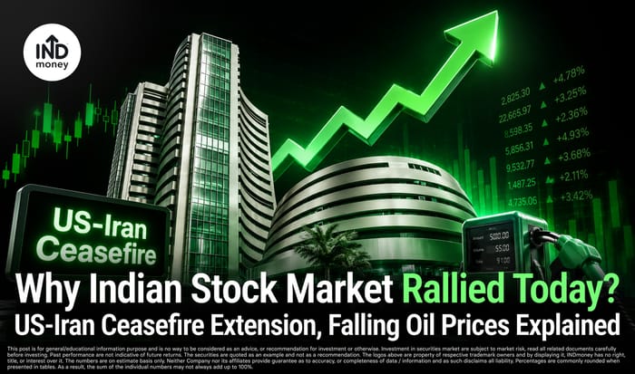 image with title "Why Indian Stock Market Rallied Today? US-Iran Ceasefire Extension, Falling Oil Prices Explained" image with title "Why Indian Stock Market Rallied Today? US-Iran Ceasefire Extension, Falling Oil Prices Explained"