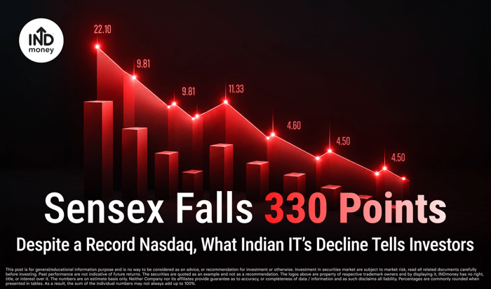 Image with title "Sensex Falls 330 Points Despite a Record Nasdaq: What Indian IT’s Decline Tells Investors" Image with title "Sensex Falls 330 Points Despite a Record Nasdaq: What Indian IT’s Decline Tells Investors"